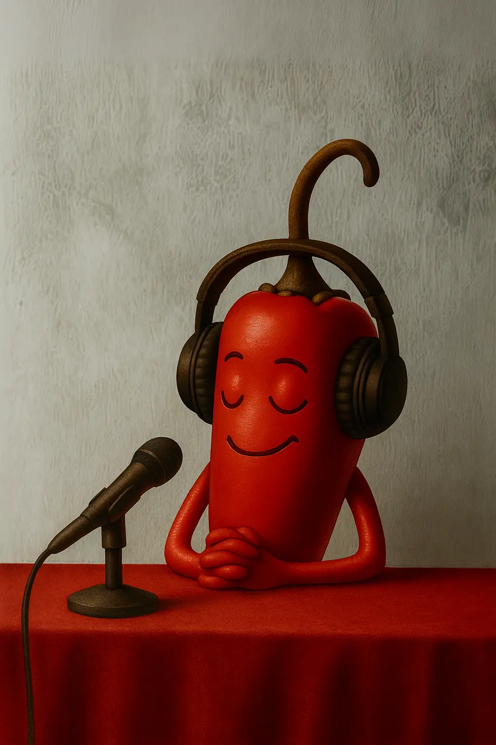 The Neurospicy chilli character sitting at a microphone with headphones