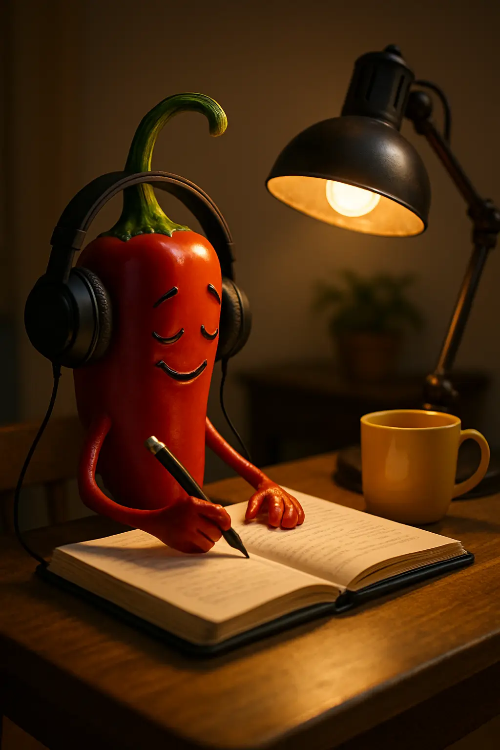 The Neurospicy chilli character writing at a warmly lit desk